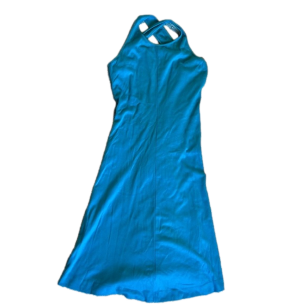 Nwot size 8 Geary Roark Kamisato cyan blue open back dress that crosses in back